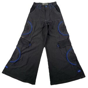 Macgear Rave Pants Size 28 Black Blue Distressed Wide Leg Stash Pockets